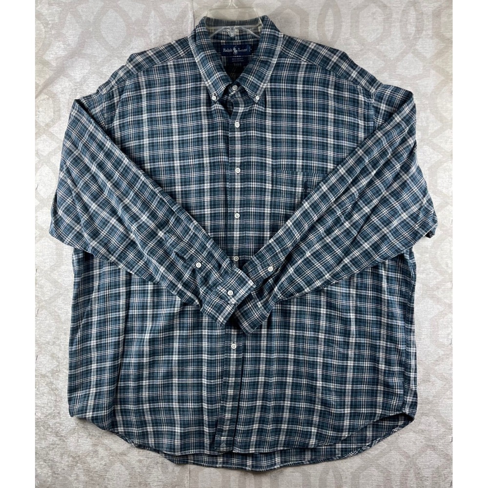 Ralph Lauren Big Shirt Men XXL Green Plaid Button Down Cotton Long Sleeve Casual